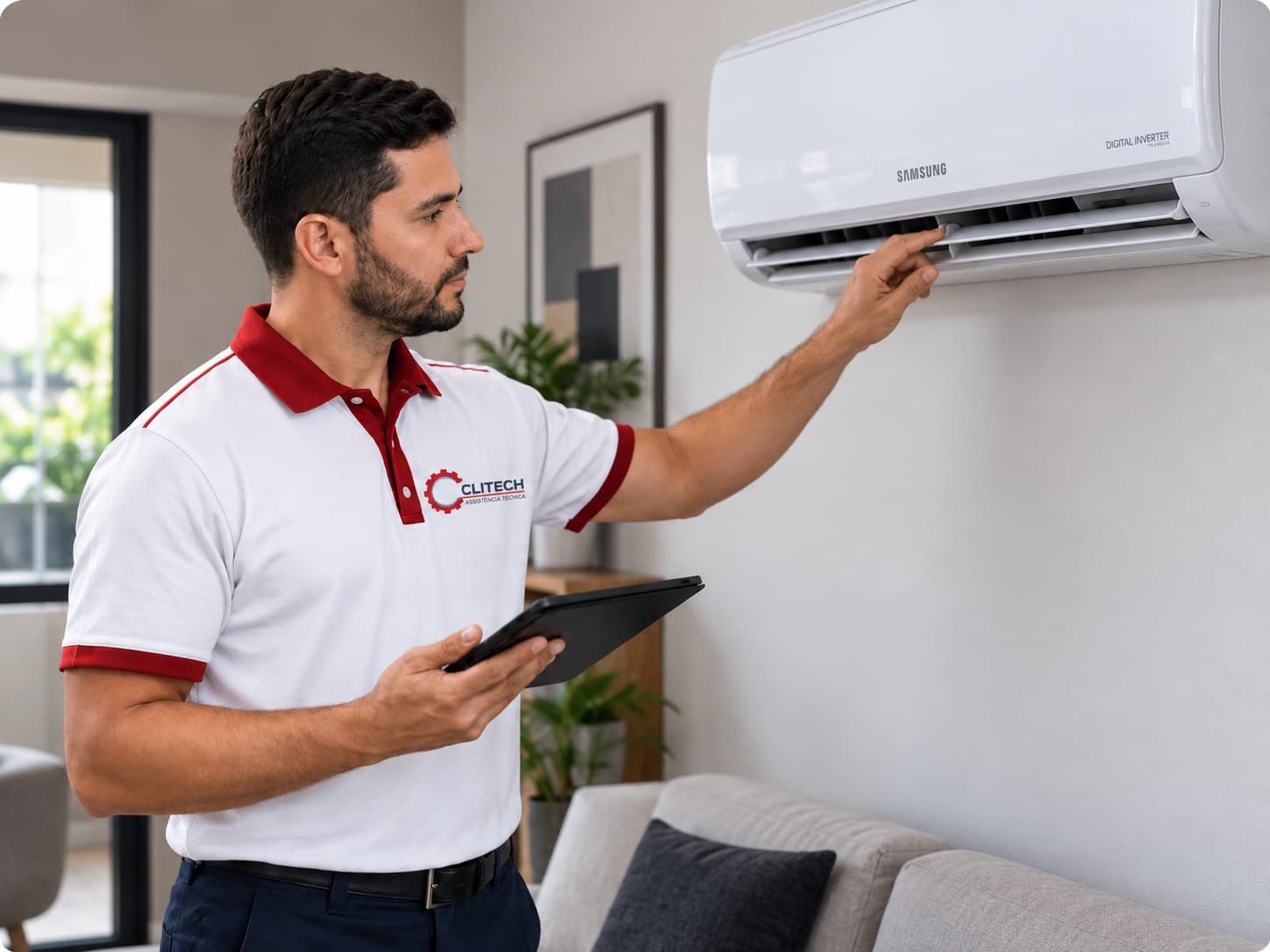 Técnico da Clitech avaliando um ar-condicionado