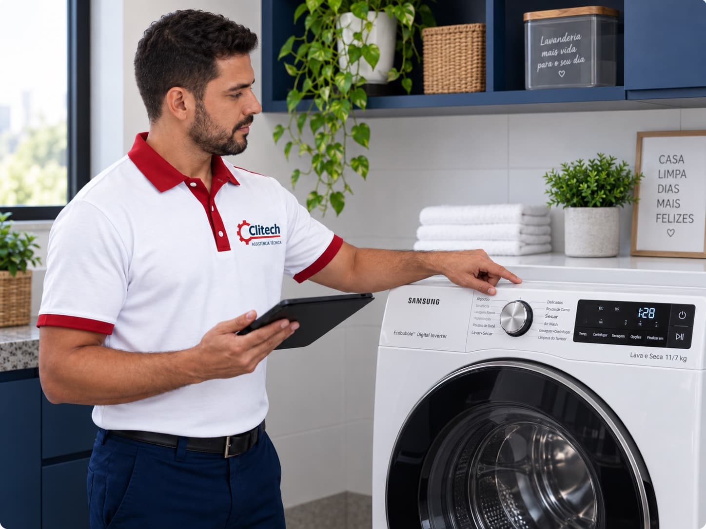 Técnico da Clitech avaliando uma lava e seca