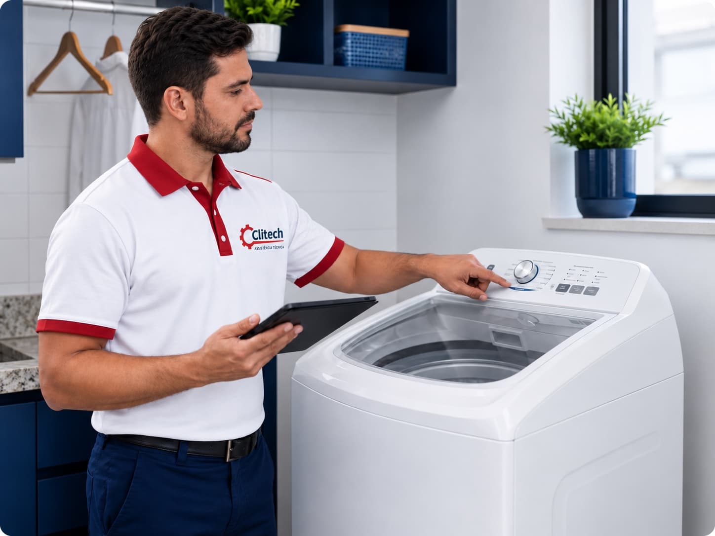 Técnico da Clitech avaliando uma lavadora de roupa