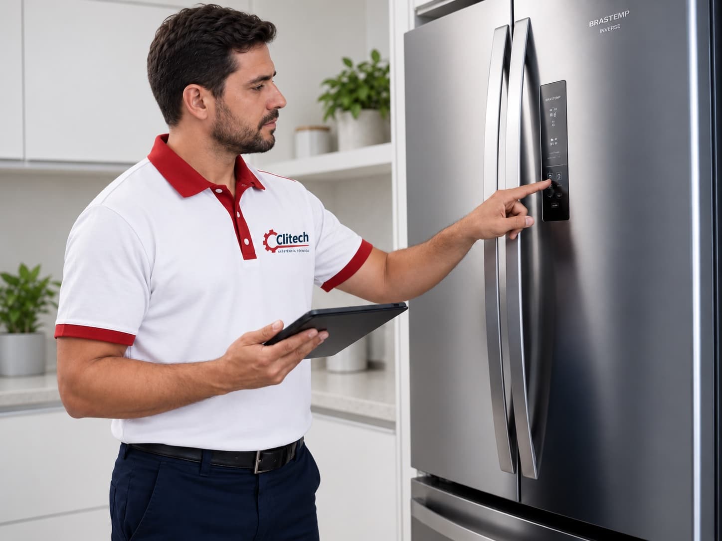 Técnico da Clitech avaliando uma geladeira